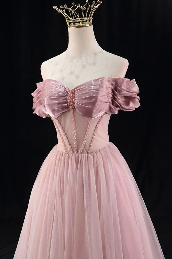 Wholesale Off the Shoulder Sweetheart Beaded Tulle Long Prom Dress A-Line Pink Evening Dress